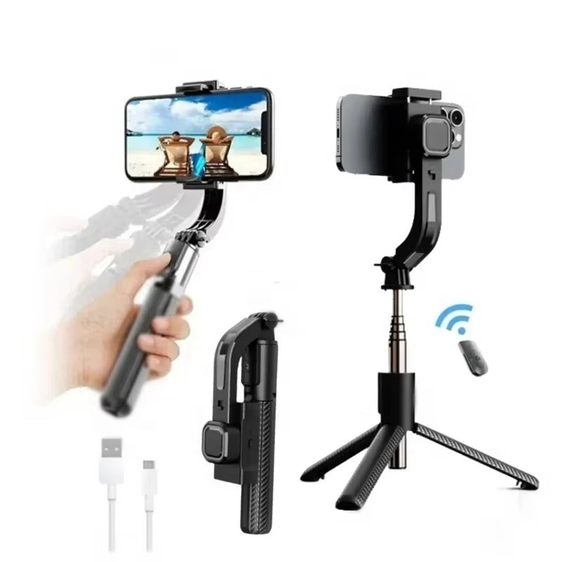 Handheld phone stabilizer with smartphone attached, showing app interface on screen.