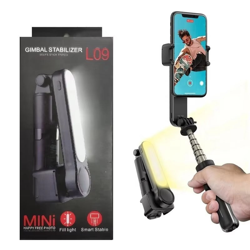 Gimbal stabilizer with smartphone holder and packaging on a white background