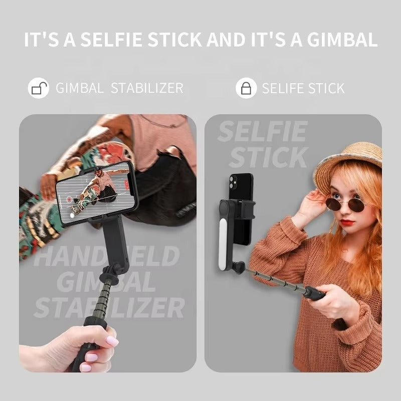 Product showing a selfie stick with gimbals and text indicating its dual function.