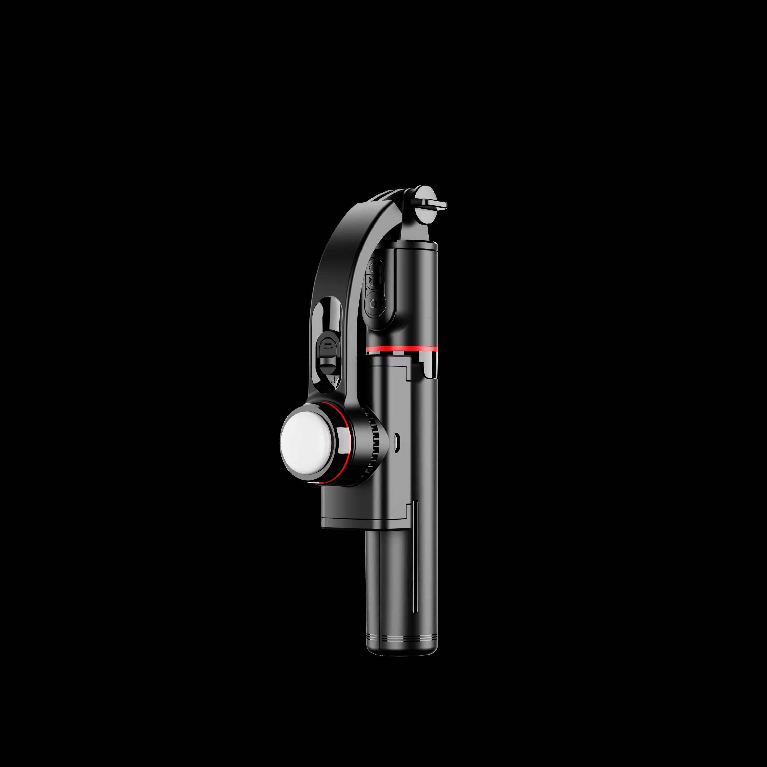 Black and red camera lens with a white light on a black background