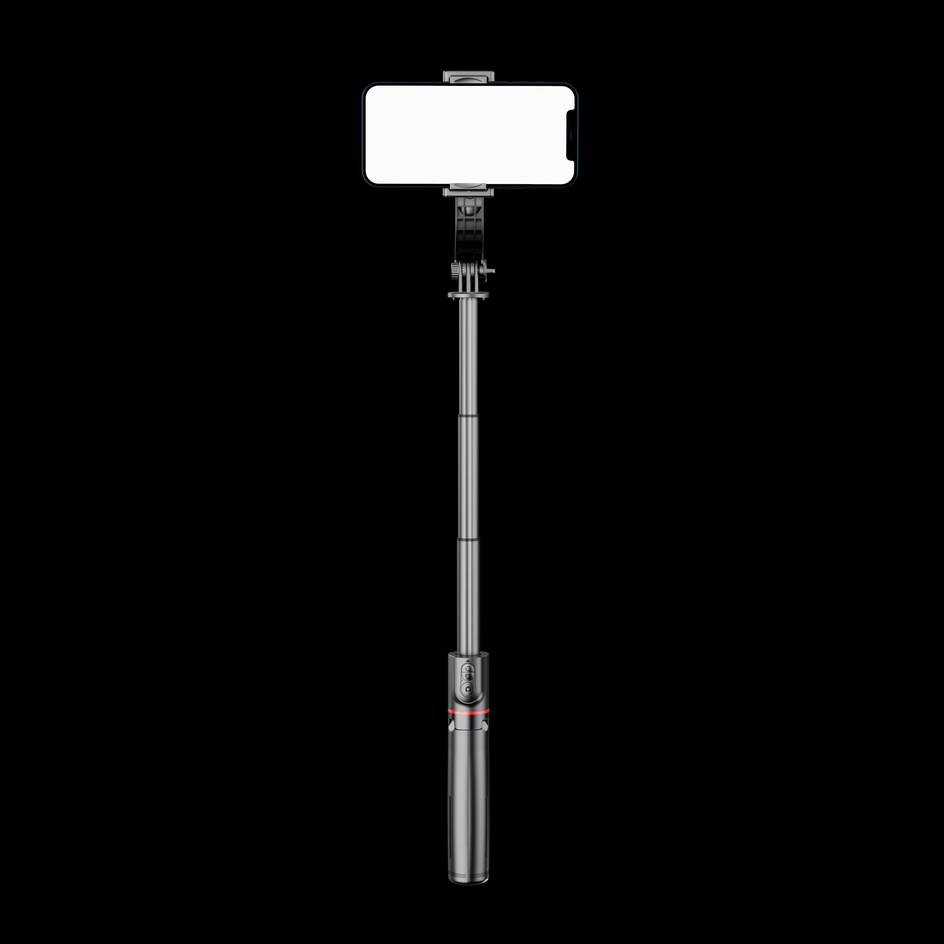 Black selfie stick with phone holder on a white background