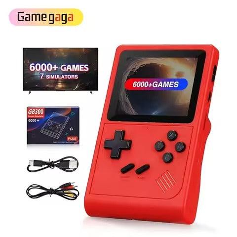Red handheld gaming console with screen displaying '6000+ Games' and accessories on a white background.