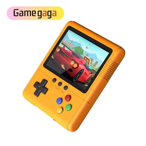 Yellow handheld gaming console with screen displaying a game, branded 'Gamegaga'.