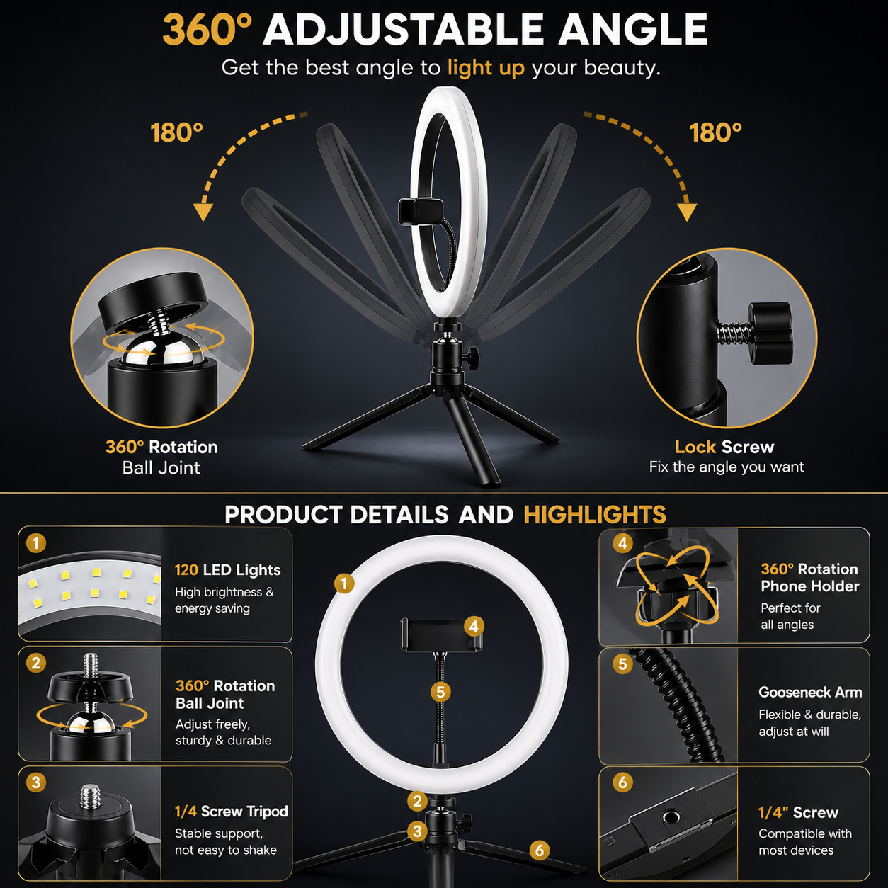 Professional 10-inch LED Ring Light with 2.1M Tripod Stand & Phone Holder