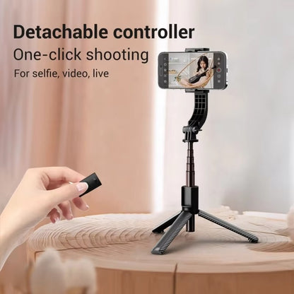 Hand holding a detachable controller for a smartphone on a tripod with text about features.
