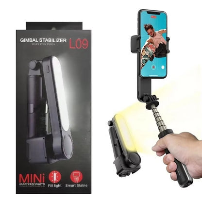 Gimbal stabilizer with smartphone holder and packaging on a white background