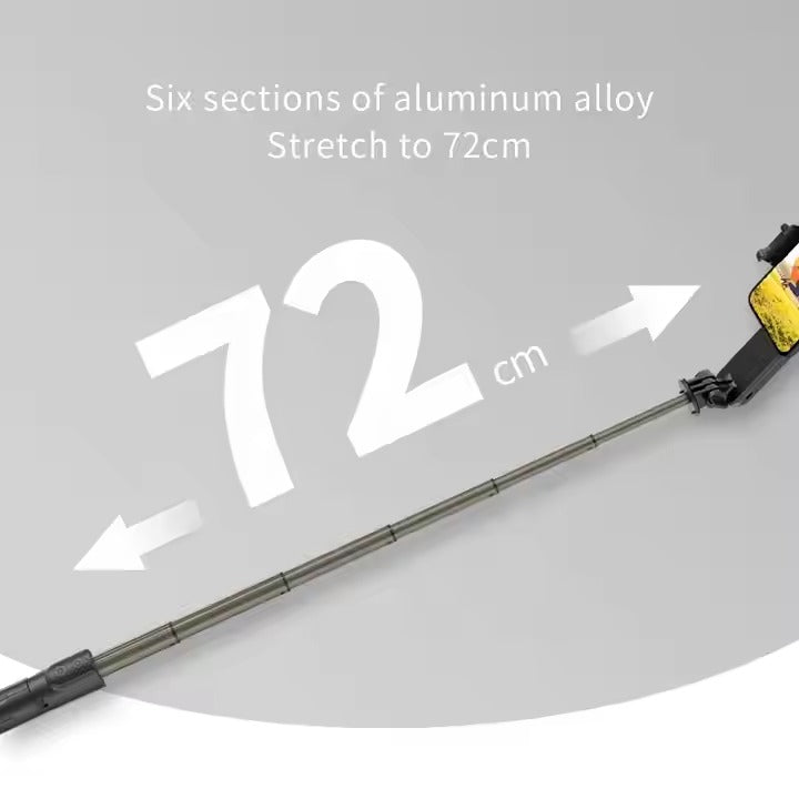 Extendable pole with six sections of aluminum alloy, stretching to 72cm, on a gray background.