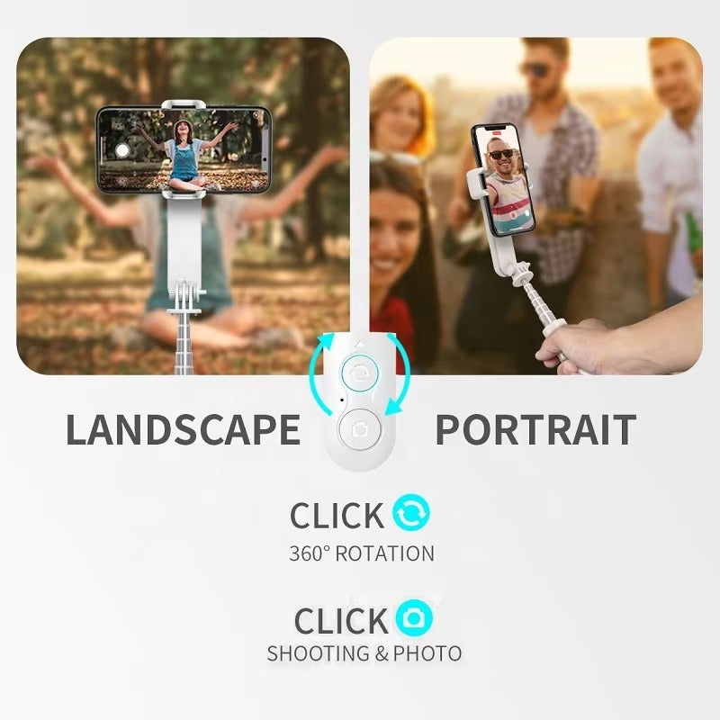 Two scenarios showing a smartphone with a gimbal stabilizer: landscape and portrait modes.