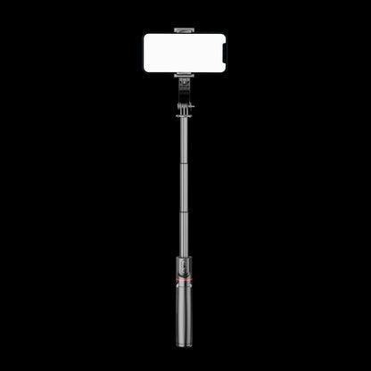 Black selfie stick with phone holder on a white background