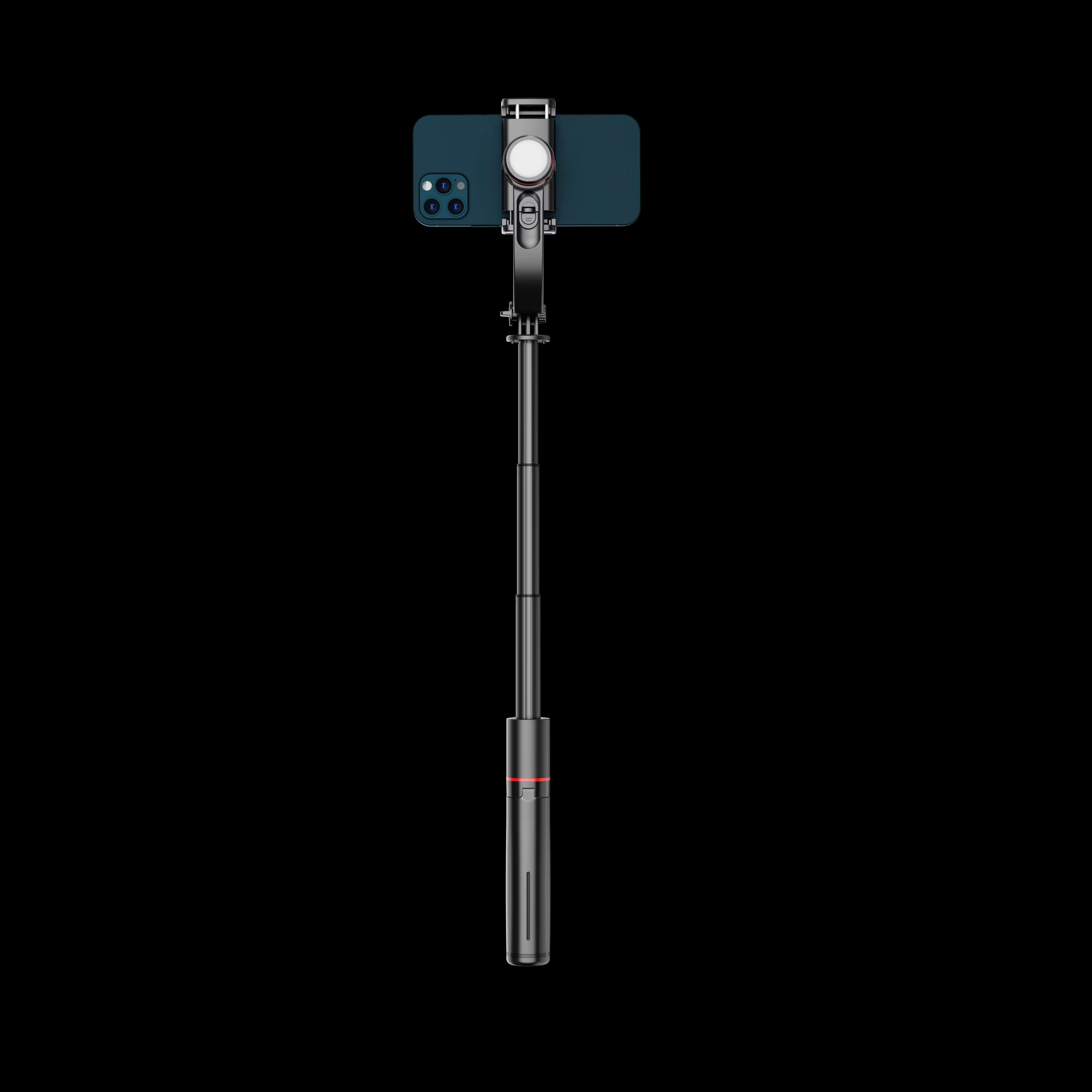 Black selfie stick with smartphone holder on a white background
