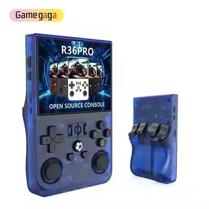 Handheld gaming console with 'R36PRO' branding on a white background