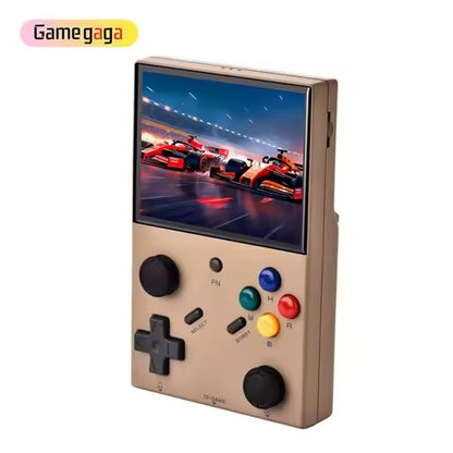 Handheld gaming console with screen displaying racing game, brand 'Gamegaga' visible.