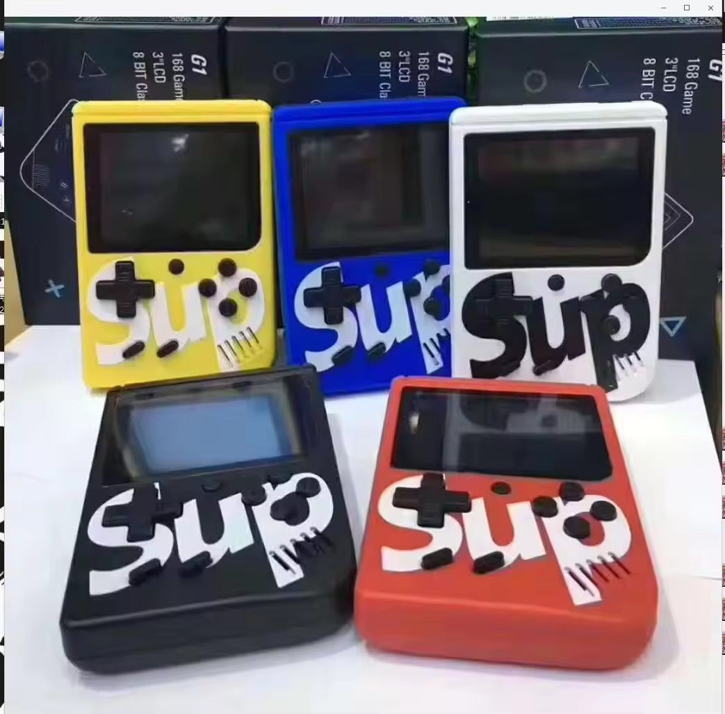 Five colorful handheld games with 'Sup' branding on a white surface.