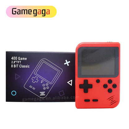 Red handheld game console with packaging displaying 'Gamegaga' brand on a white background